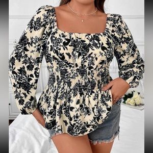 Boho black floral print square lantern sleeve blouse